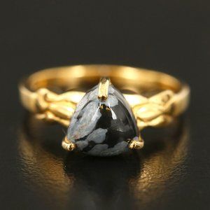 Gold Tone Sterling Silver Snowflake Obsidian Triangular Ring